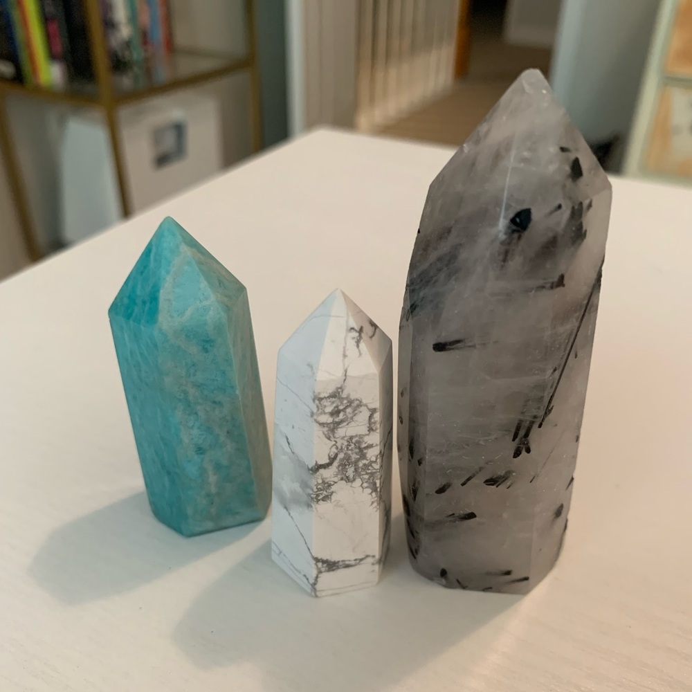 Crystal points set of 3 - howlite, amazonite, tourmalinated quartz